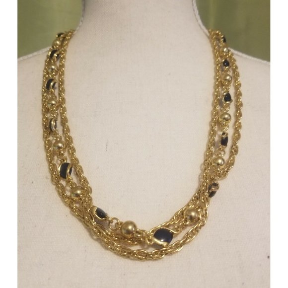 Vintage Triple Strand Necklace Gold Tone Chain Blue and Gold Stations 24" - Picture 1 of 7
